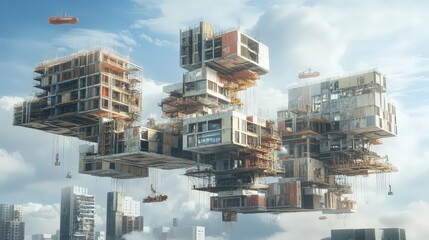 A conceptual abstract city under construction with floating modular buildings connecting in mid-air