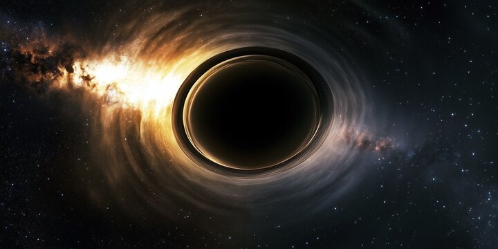 Vibrant depiction of a black hole and its accretion disk against a starry backdrop in the universe