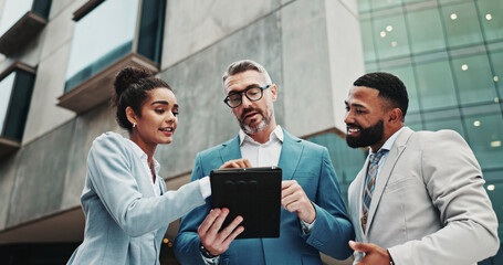 Collaboration, city and people with tablet, discussion and real estate agent with website for...