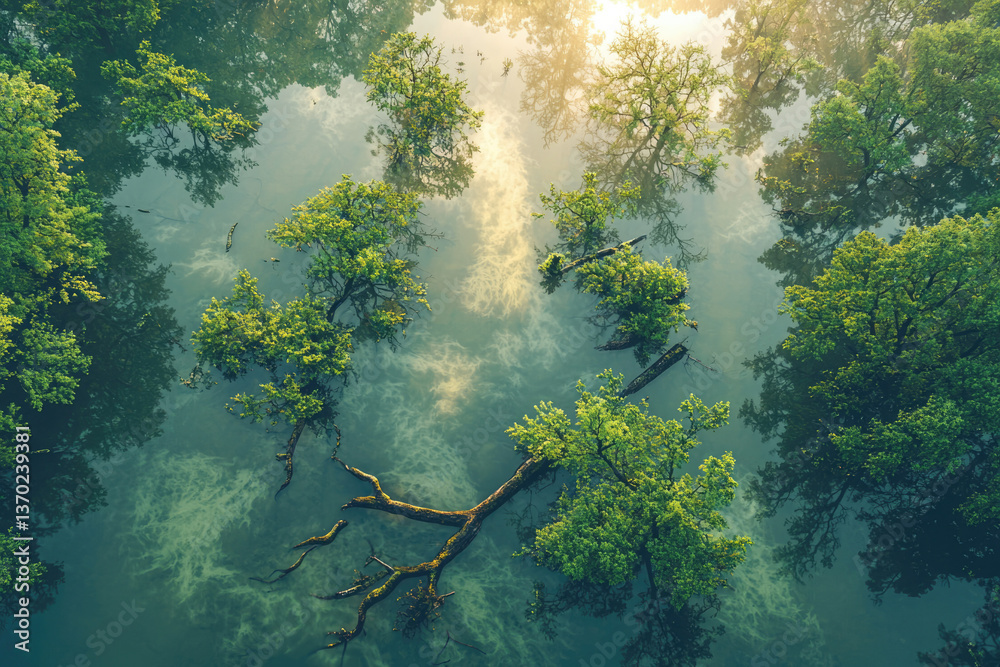 Poster aerial view of lush green trees reflected in tranquil water, creating a serene and idyllic scene.