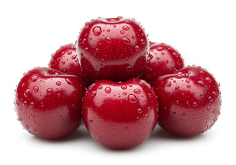 Fresh ripe red cherries with dew isolated on white