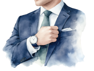 Man in a suit adjusting his watch, portrait of time, business, and style