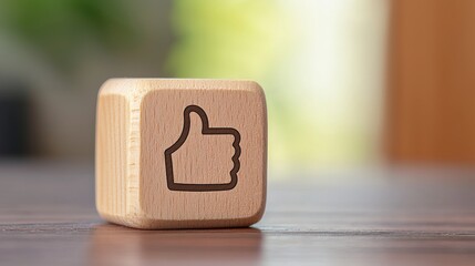 A wooden block featuring a carved thumbs-up symbol, representing approval or positivity, set against a blurred background.