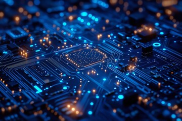Obraz premium Futuristic Circuit Board Background – Abstract Digital Tech Design Showcasing Modern Electronics and Blue-Themed Digital Infrastructure