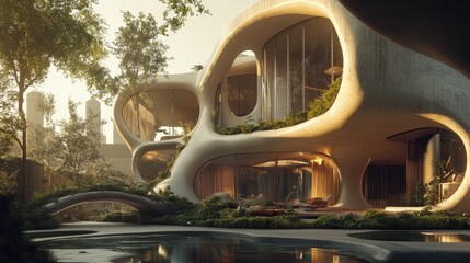 Fototapeta premium A conceptual abstract house with shifting modular walls and fluid organic forms.