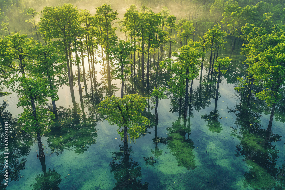 Aufkleber sunlit trees reflected in a calm, green swamp water, creating a serene and tranquil atmosphere.