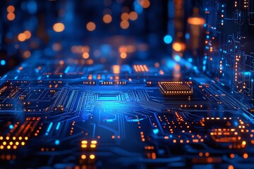 Obraz premium Futuristic Circuit Board Background – Abstract Digital Tech Design Showcasing Modern Electronics and Blue-Themed Digital Infrastructure