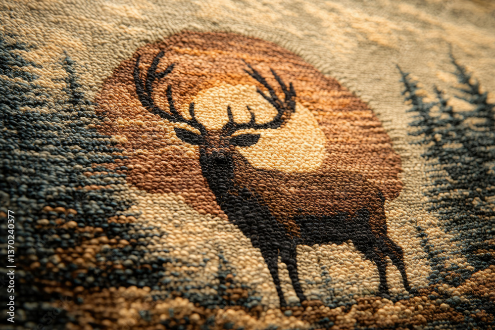 Poster a close-up view of a rug depicting a majestic elk silhouetted against a setting sun in a forest.