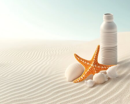 Seashells with Starfish, Sunscreen, and Beach.