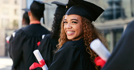Graduation, ceremony or portrait of happy woman at university for education, school or success....