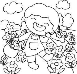 Girl playing in flowers field cartoon
