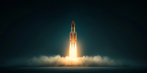 Stars illuminate the night sky as a powerful rocket launches into space