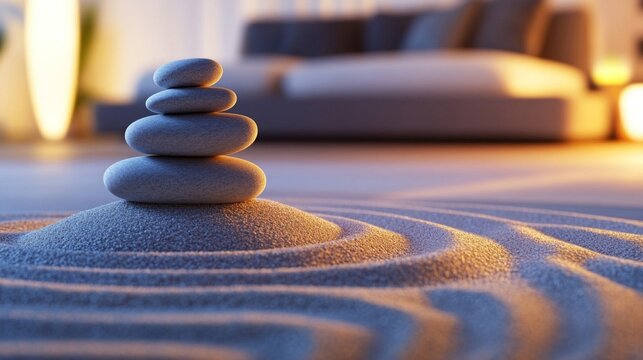 Balanced Grey Stones on Sand in a Serene Zen Garden Setting