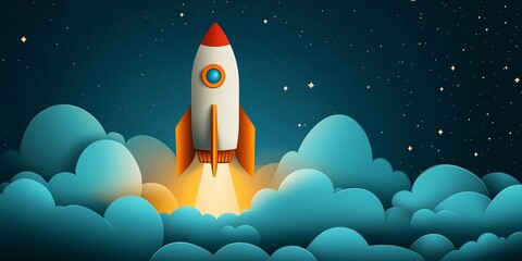 Obraz premium Rocket launches into a starry sky surrounded by soft clouds at night