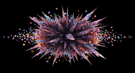 Iridescent geometric chaos abstract rendering on dark backdrop art explosion
