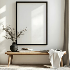 A photo of a large black blank frame on the wall, a simple and minimalistic interior design with a wooden console table in the Japandi style,
