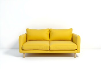 Fototapeta premium soft empty yellow sofa stands on white isolated background, comfortable fabric couch is alone against the background of white wall, copy space