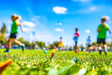 Out-of-focus children play soccer on grass with sunny sky backdrop