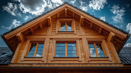 Obraz premium Stunning view of a rustic wooden house against a vibrant blue sky, showcasing intricate details and architectural design.