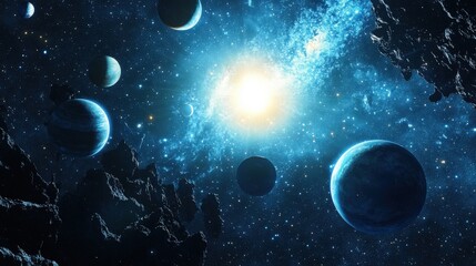 A cosmic scene of multiple planets aligned in orbit around a bright blue supergiant star