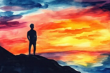 Fototapeta premium Silhouetted Man Watching Vibrant Sunset Seascape.