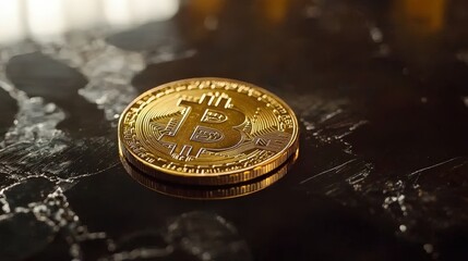 golden Bitcoin coin resting on a sleek black surface, symbolizing digital wealth