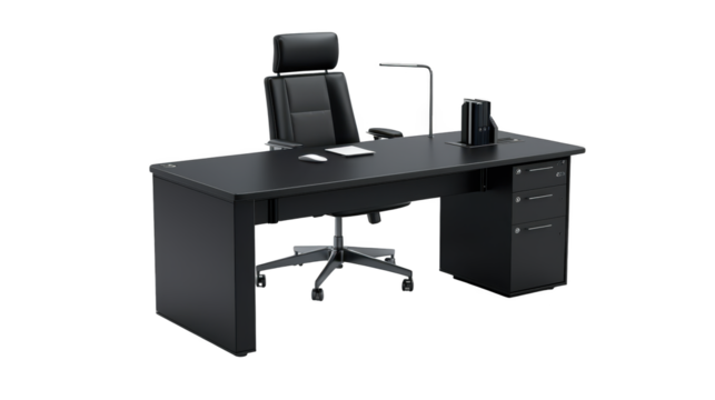 Modern black desk setup with monitor and keyboard for enhanced productivity