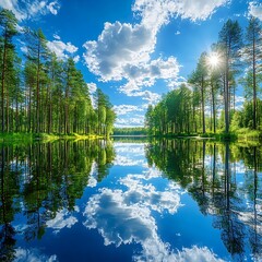 Fototapeta premium Forest Lake Reflection Sunny Sky