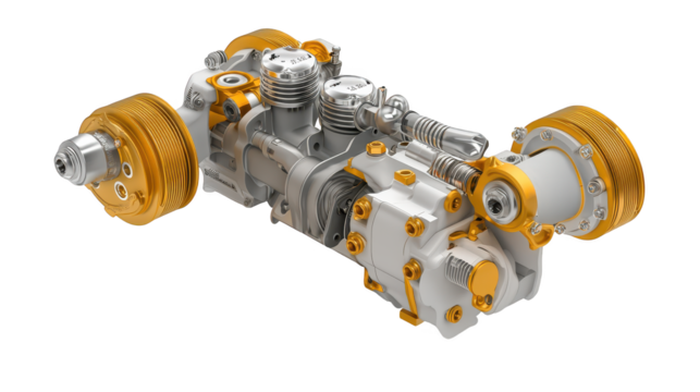 Intricate 3d car engine model, detailed visualization of mechanical components and automotive design