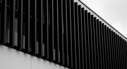 Monochrome facade with parallel vertical louvers creating an architectural rhythm