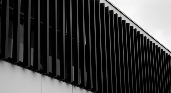 Monochrome facade with parallel vertical louvers creating an architectural rhythm