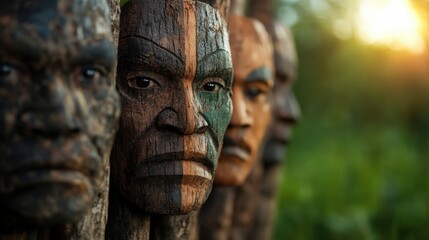 Beautifully carved wooden masks with intricate patterns, displayed in nature, symbolize cultural heritage and artistry, combining the spirit of craftsmanship and nature's beauty.