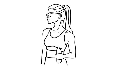 Girl narcissist, admires himself with glasses on white background. Sport girl model line art drawing. Vector illustration