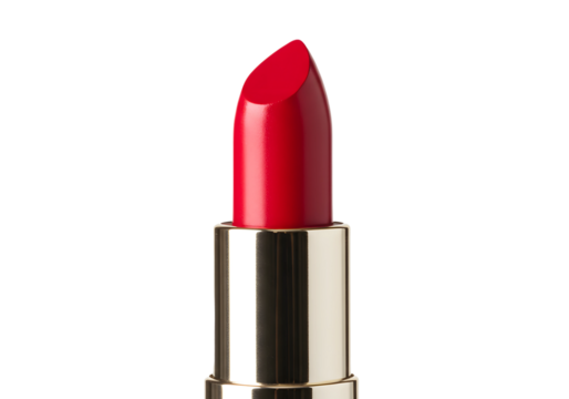 Lipstick tube with lid off and classic red color, showing detailed texture, isolated on white background, shadow-free