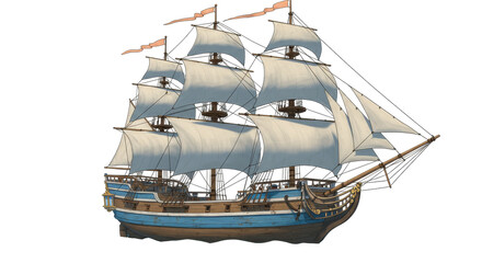 Isolated Sailing Ship with White Sails