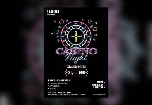 Casino Night Party, Editable Flyer in Black Color with Venue Details for Advertising.