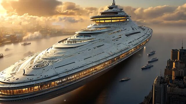 Futuristic ship over city skyline at sunrise. Possible stock photo use
