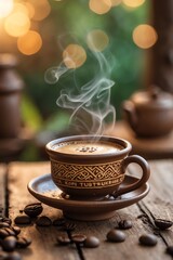 Steaming Cup of Coffee on Wooden Table with Cozy Bokeh Background