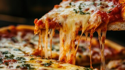 pizza dipped in marinara sauce, with melted cheese dripping off the crust