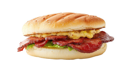 Closeup of a delicious bacon and cheese sandwich on black background, tasty treat