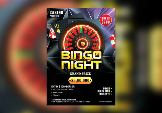 Bingo Night, Editable Casino Flyer with Roulette Wheel for Advertisements.