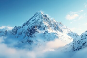 Obraz premium Majestic snow-capped mountain peaks under a clear blue sky with clouds in the foreground at dawn