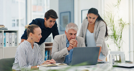 Laptop, teamwork and business people in office, internet or email for property development funding....