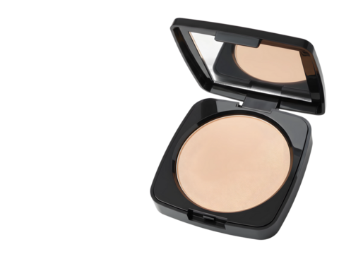 Compact face powder open with mirror, showing subtle powder texture, isolated on clean white background, shadow-free