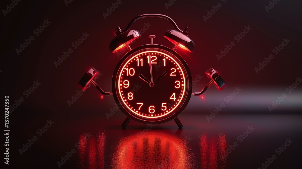 Wall mural a red glowing alarm clock is sitting on a dark surface. the clock is surrounded by a red glow.