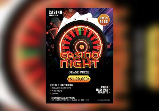 Casino Night, Editable Template or Flyer with Roulette Wheel for Advertisements.