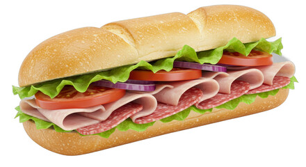 Delicious sub sandwich piled high with fresh ingredients on white backdrop