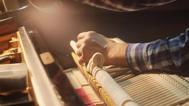 Piano technician adjusting the action mechanism of a grand piano, fine-tuning hammers and dampers under warm lighting