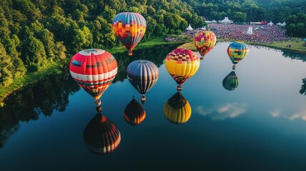 Fototapeta premium Colorful hot air balloons over a lake, reflecting in the water, with a festival in the background. Lush green trees surround the tranquil scene