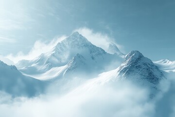Fototapeta premium Majestic snow-capped mountains under clear blue skies with swirling clouds in winter